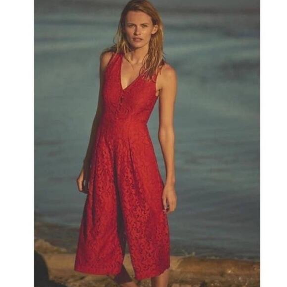 Anthropologie Moulinette Soeurs Jaeda Red Lace Wide-Leg Jumpsuit Size 6 - Picture 1 of 11